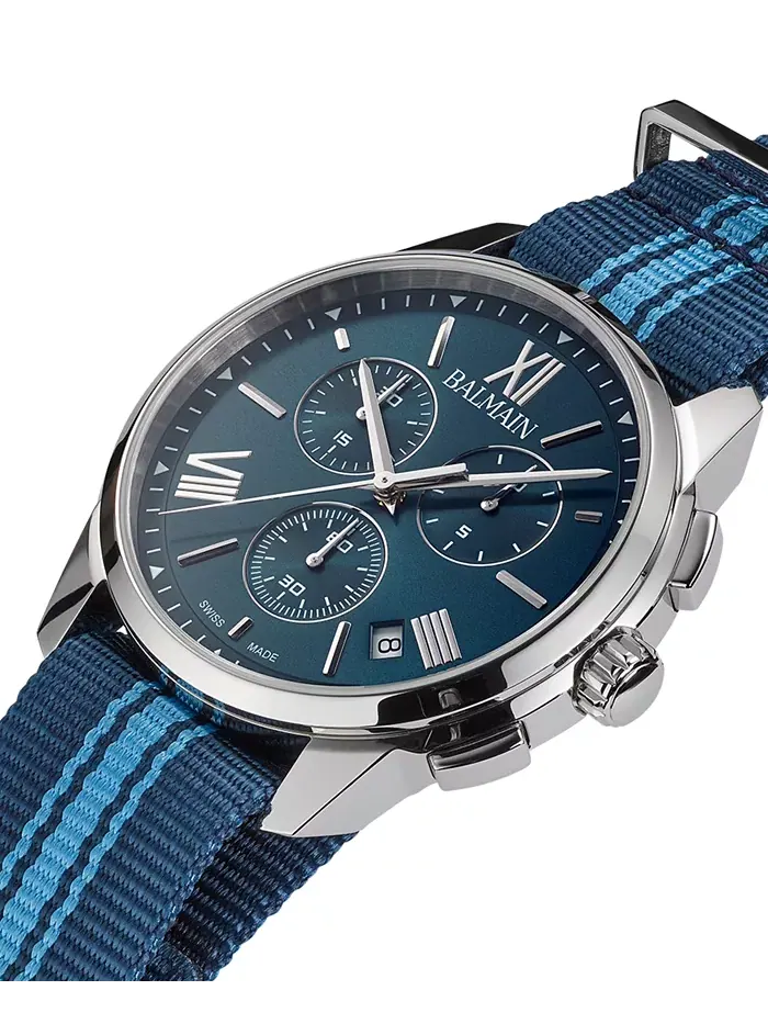 Мужские часы Swiss Chronograph Madrigal с темно-синим полосатым ремешком NATO, 42 мм Balmain — изображение 2 из 5