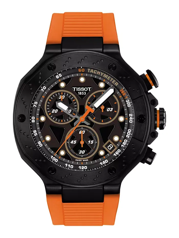 Мужские часы Swiss Chronograph T-Race с оранжевым силиконовым ремешком, 45 мм Tissot — изображение 1 из 5