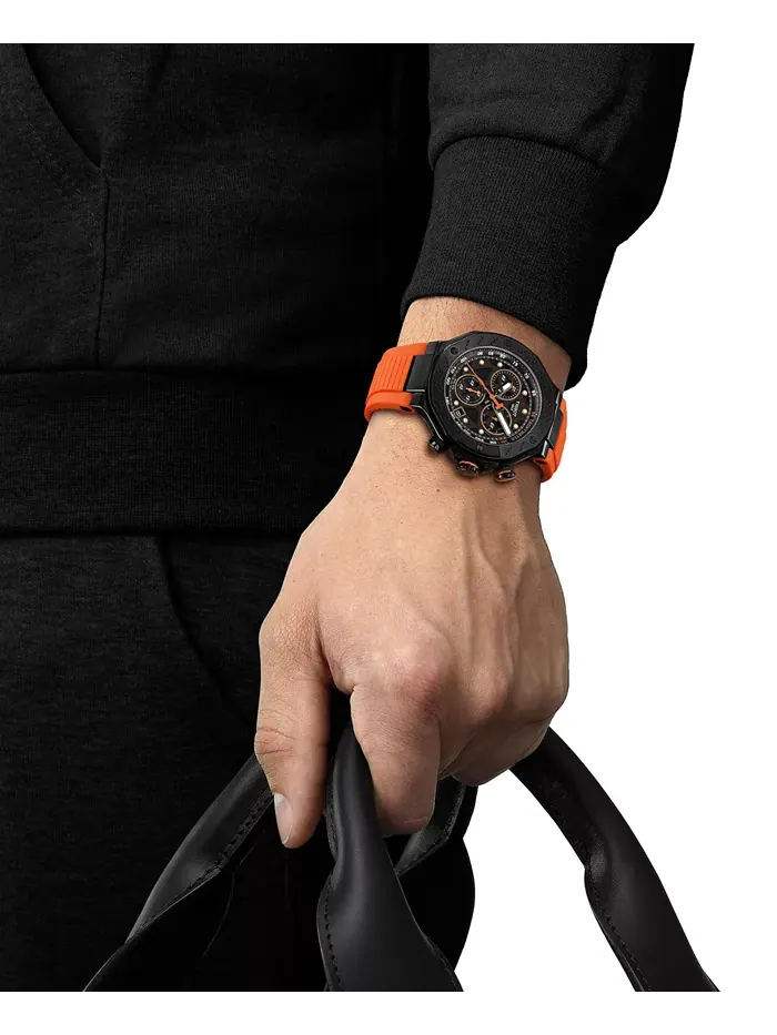 Мужские часы Swiss Chronograph T-Race с оранжевым силиконовым ремешком, 45 мм Tissot — изображение 4 из 5