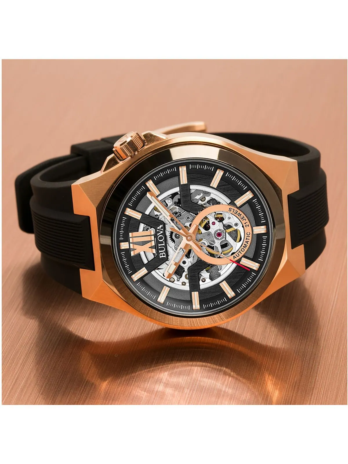 Мужские автоматические часы с черным силиконовым ремешком, 46 мм 98A177 Bulova — изображение 4 из 9, оттенок нет цвета