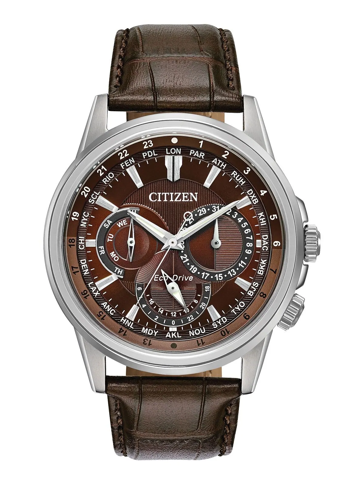 Мужские часы Eco-Drive с коричневым кожаным ремешком-календарем, 44 мм Citizen