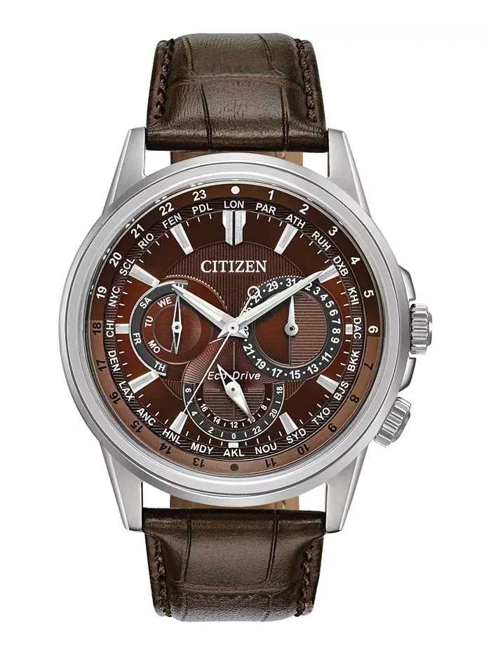 Мужские часы Eco-Drive Calendrier с коричневым кожаным ремешком, 44 мм Citizen