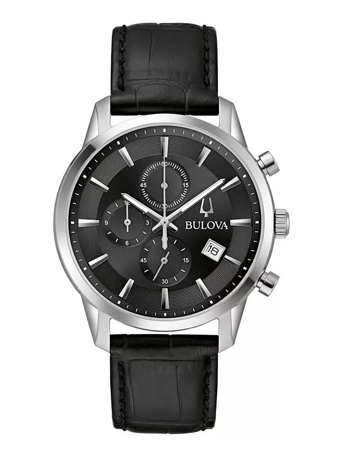 Мужские часы с хронографом Classic Sutton, черный кожаный ремешок, 41 мм Bulova — изображение 1 из 3
