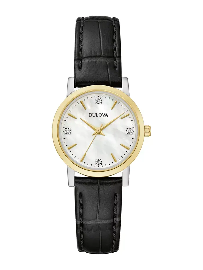 Женские часы с бриллиантовыми вставками на черном кожаном ремешке 27 мм Bulova — изображение 1 из 5