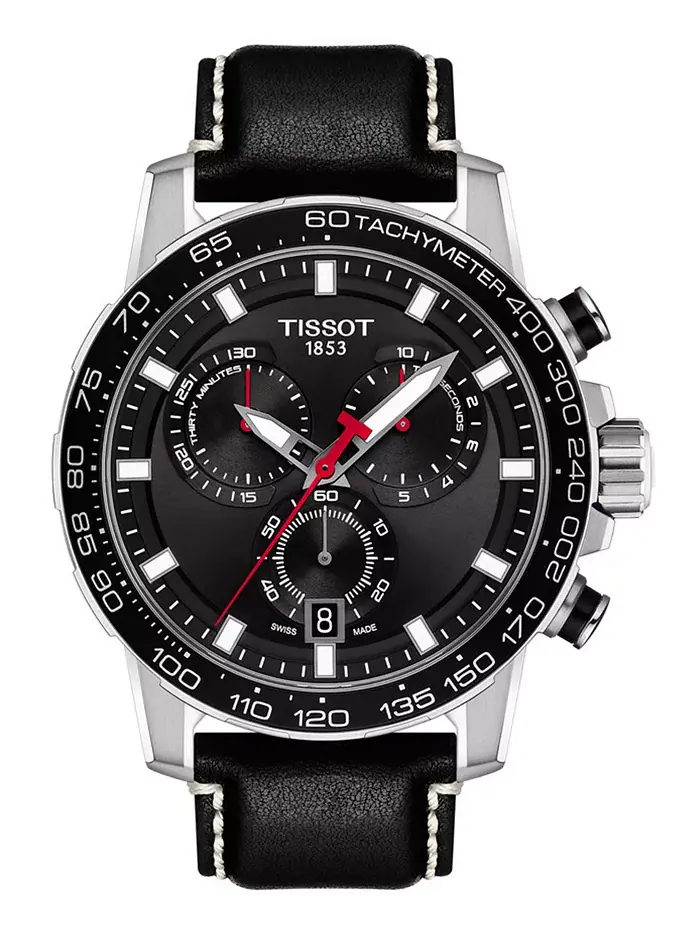 Мужские часы Swiss Chronograph Supersport T-Sport с черным кожаным ремешком, 46 мм Tissot — изображение 1 из 9