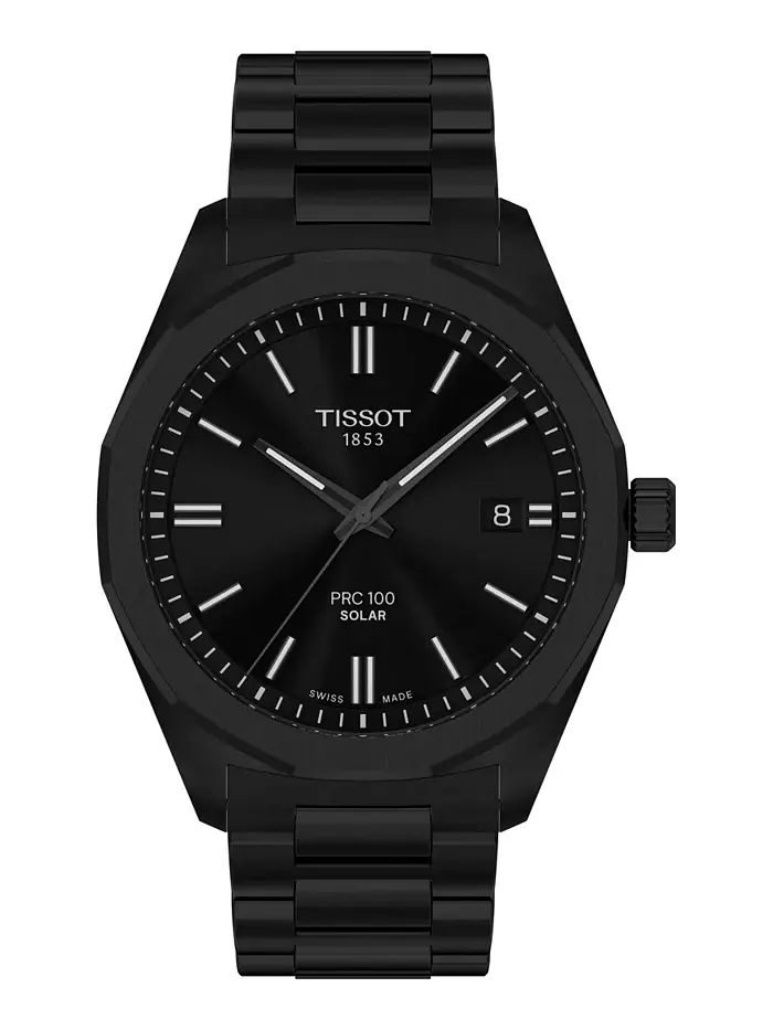 Мужские часы Swiss PRC 100 Solar Quartz на стальном браслете с черным покрытием, 39 мм Tissot — изображение 1 из 8
