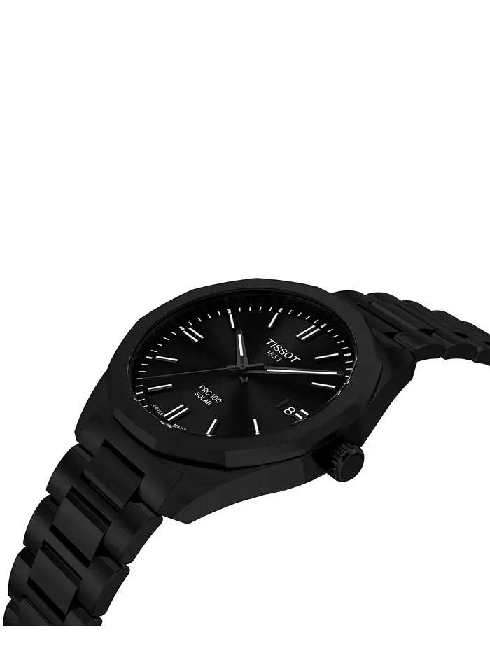 Мужские часы Swiss PRC 100 Solar Quartz на стальном браслете с черным покрытием, 39 мм Tissot — изображение 4 из 8