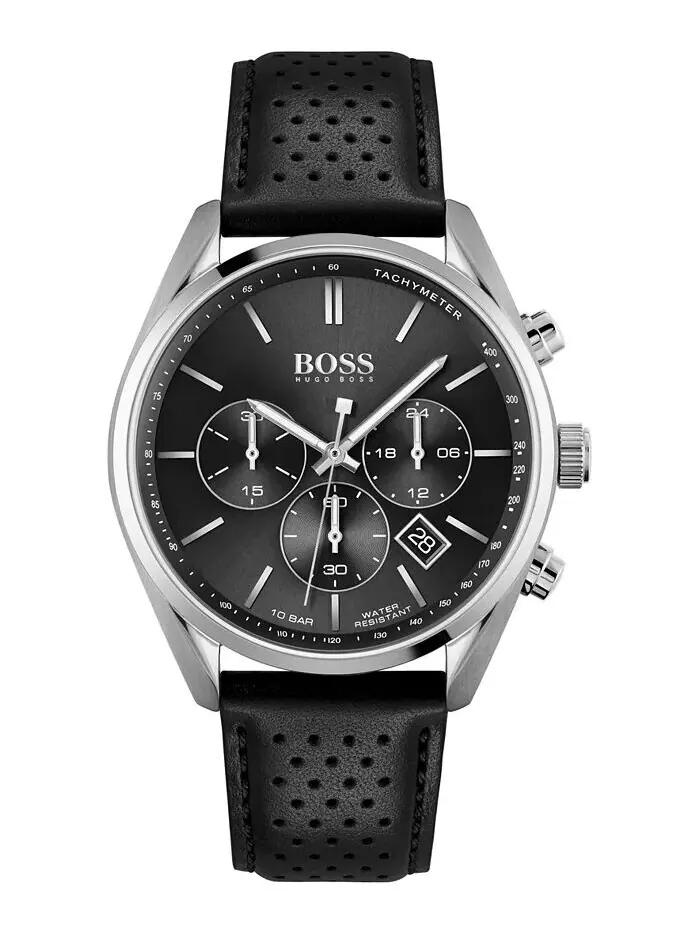 Мужские часы Champion с хронографом, черный кожаный ремешок, 44 мм Hugo Boss — изображение 1 из 3