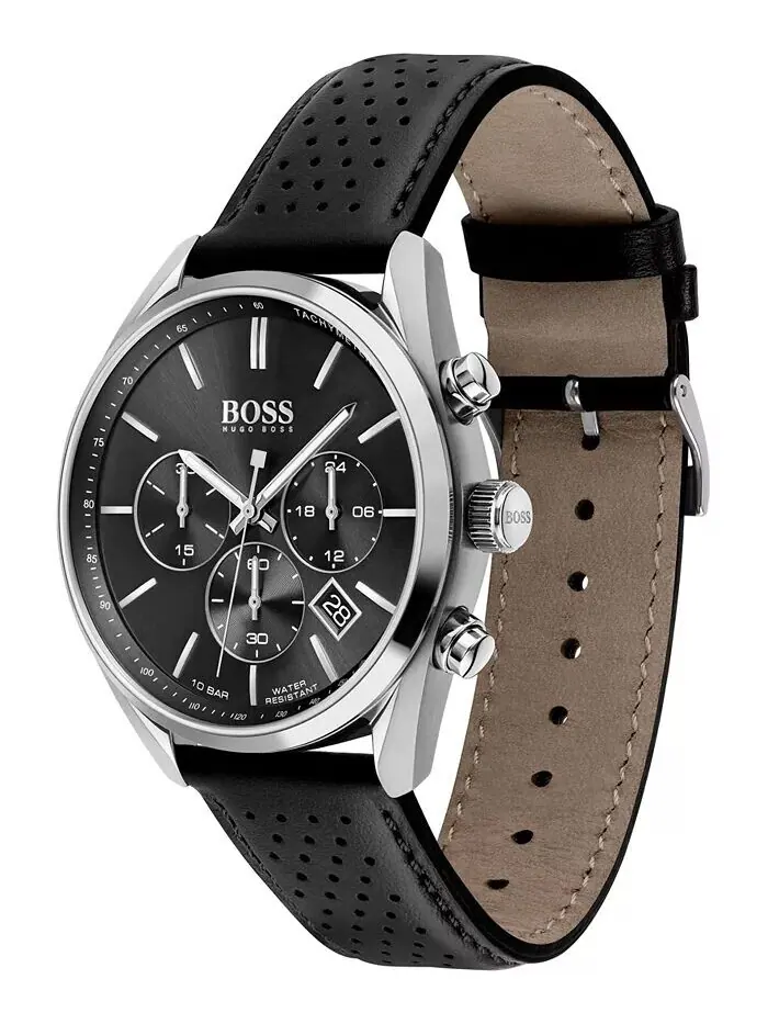 Мужские часы Champion с хронографом, черный кожаный ремешок, 44 мм Hugo Boss — изображение 2 из 3