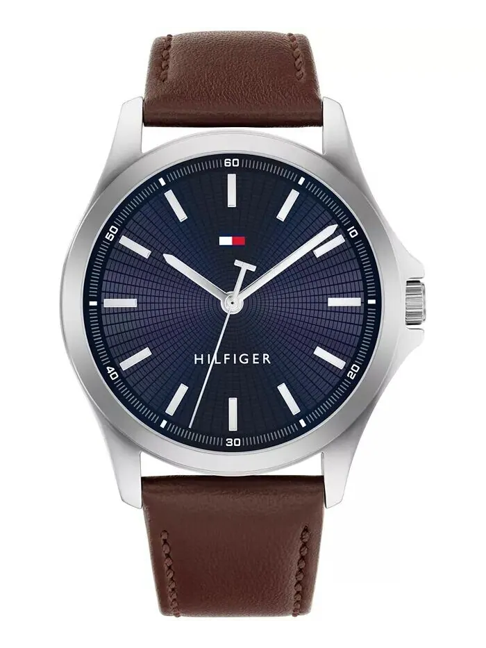 Мужские кварцевые часы с коричневым кожаным ремешком 42 мм Tommy Hilfiger
