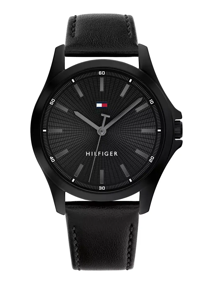 Мужские кварцевые часы с черным кожаным ремешком, 43 мм Tommy Hilfiger