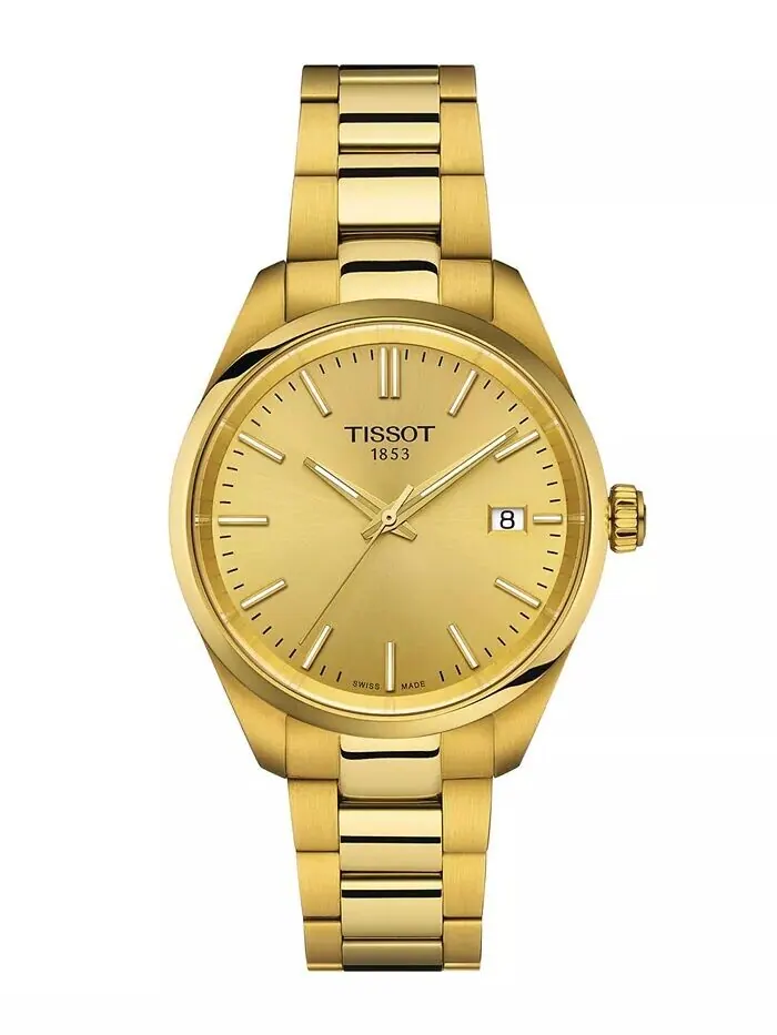 Часы унисекс Swiss PR 100 с золотым PVD-браслетом, 34 мм Tissot — изображение 1 из 5