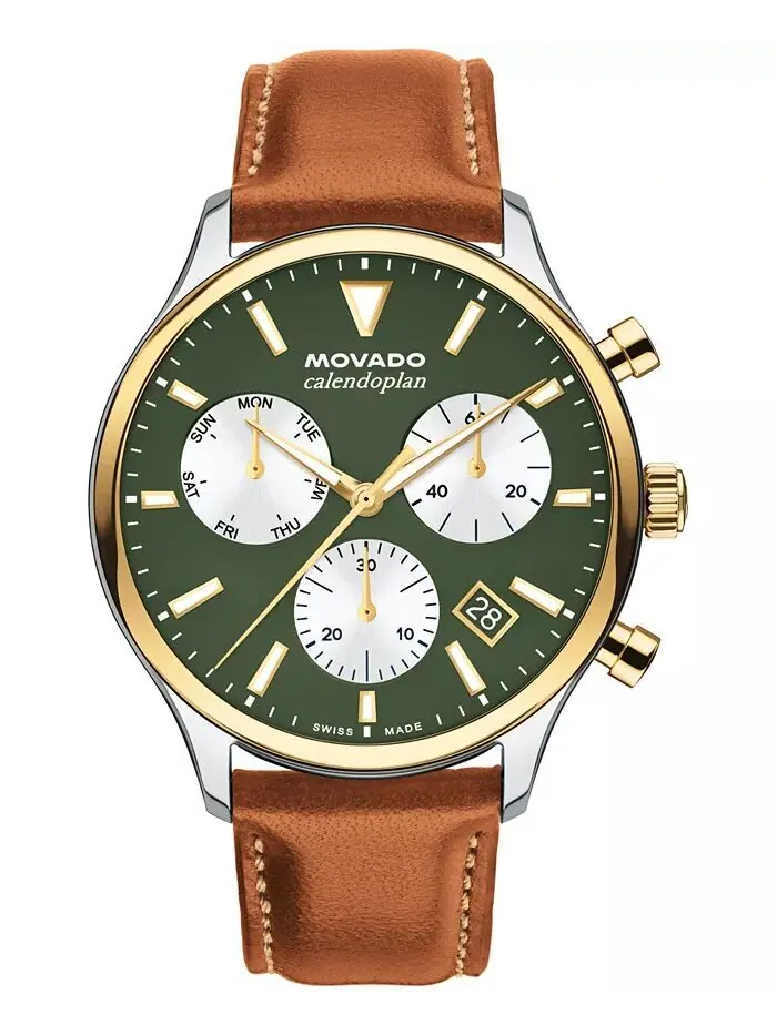 Мужские кожаные часы Calendoplan Swiss Quartz Chrono Cognac 43 мм Movado — изображение 1 из 3