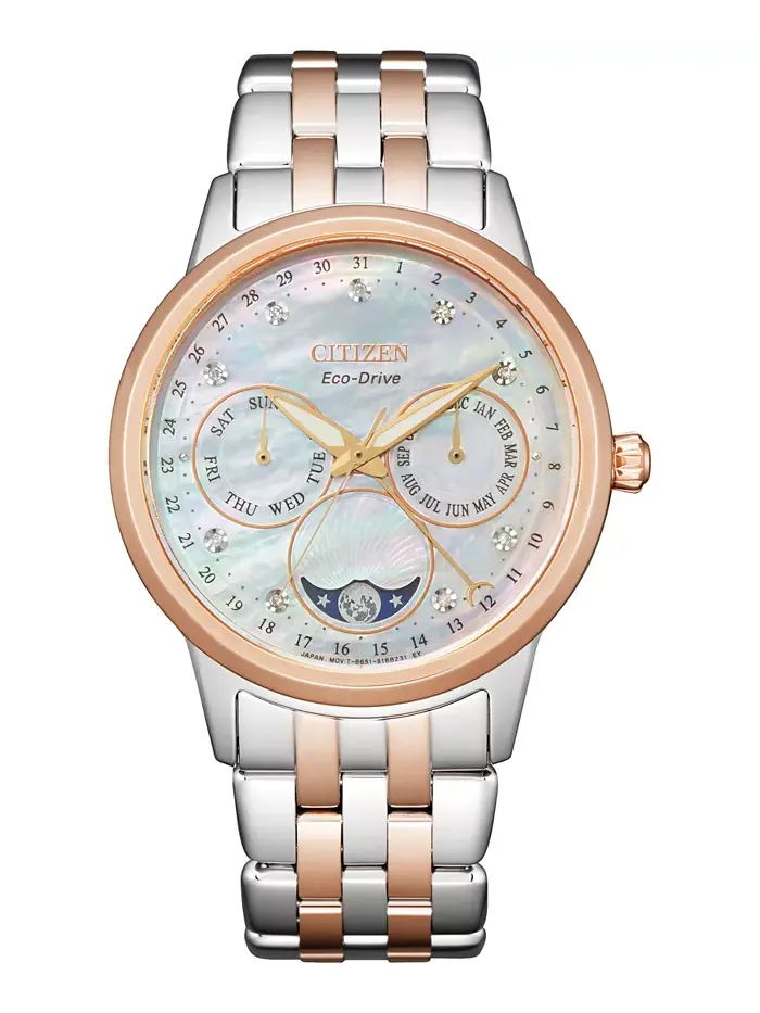 Женские часы Eco-Drive Calendrier с бриллиантовыми вставками, двухцветный браслет из нержавеющей