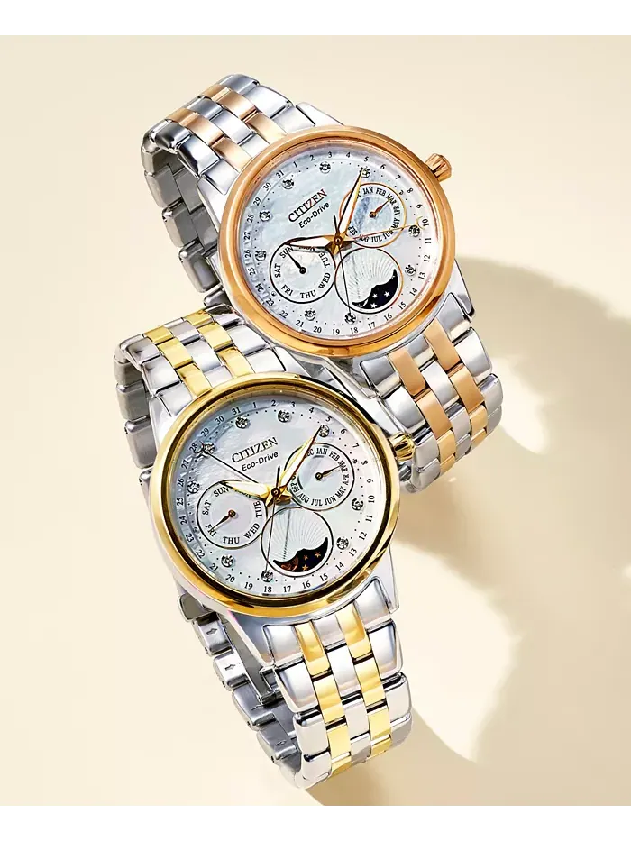 Женские часы Eco-Drive Calendrier с бриллиантовыми вставками, двухцветный браслет из нержавеющей — изображение 3 из 3
