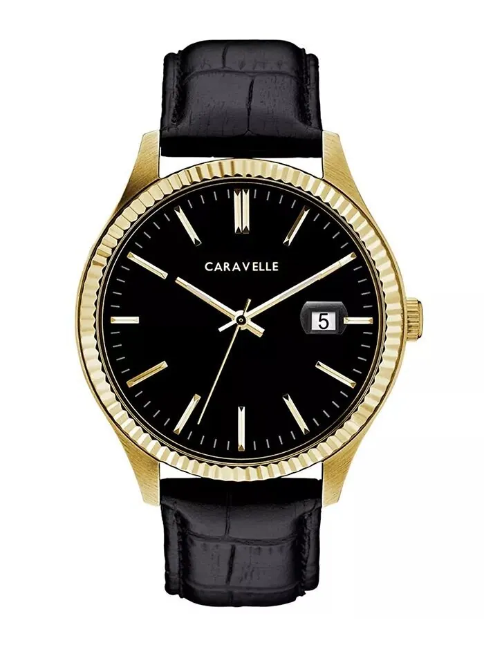 Мужские часы с черным кожаным ремешком 41 мм Caravelle