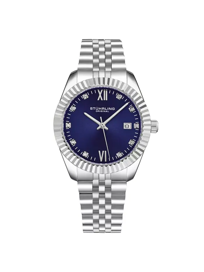 Женские часы Symphony Silver-tone из нержавеющей стали, с синим циферблатом, круглые, 45 мм — изображение 1 из 2