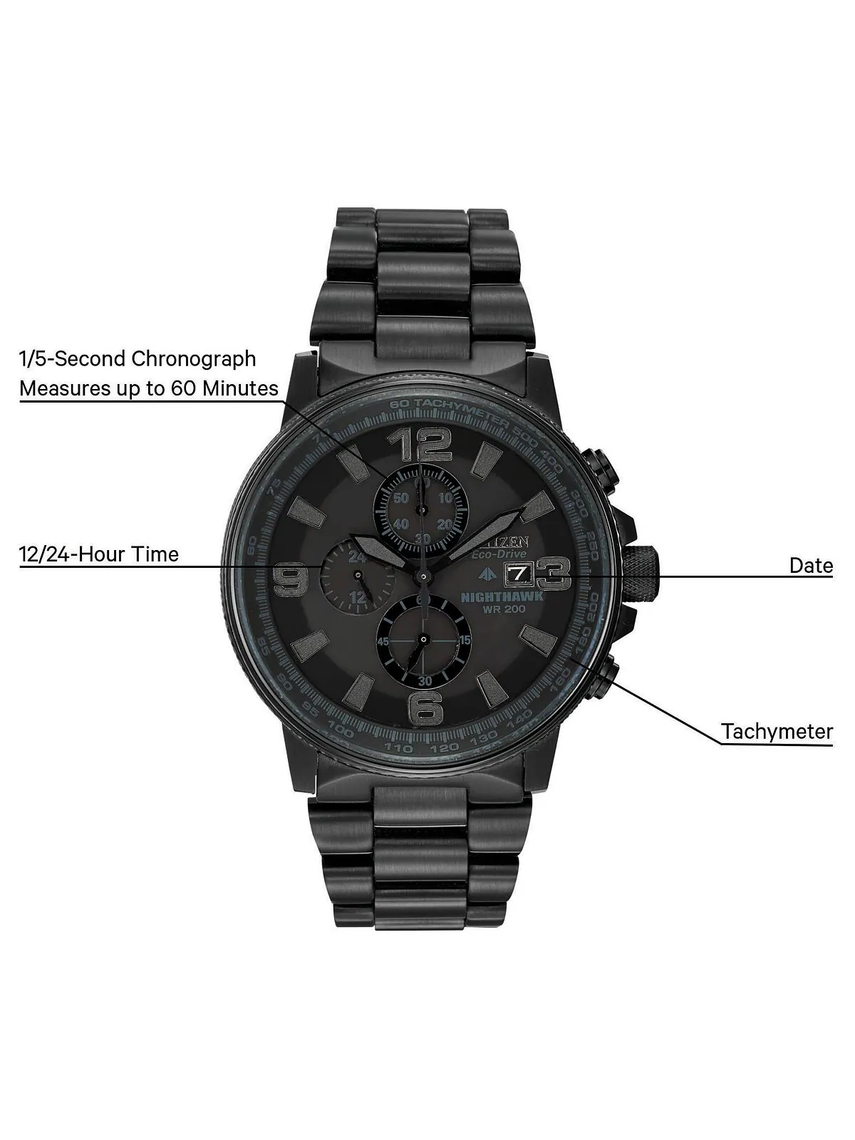 Мужские часы с хронографом Eco-Drive Nighthawk, черные часы-браслет из нержавеющей стали с ионным — изображение 2 из 5