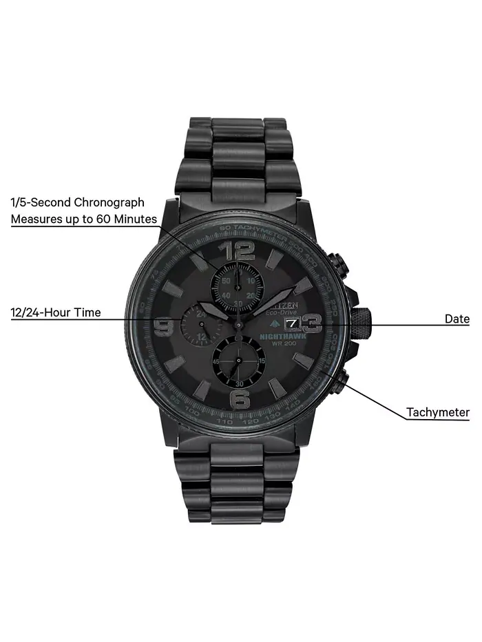 Мужские часы-хронограф Eco-Drive Nighthawk с черным ионным покрытием из нержавеющей стали, браслет — изображение 2 из 5
