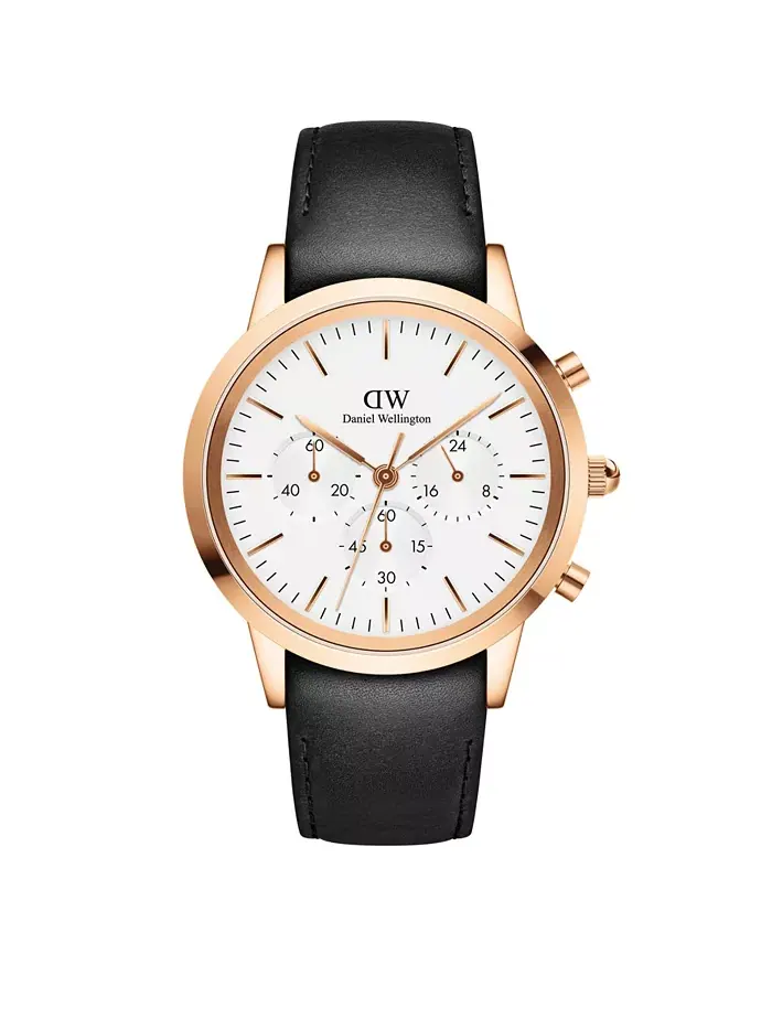 Мужские часы Iconic Chronograph Sheffield с черным кожаным ремешком, 42 мм Daniel Wellington — изображение 1 из 2
