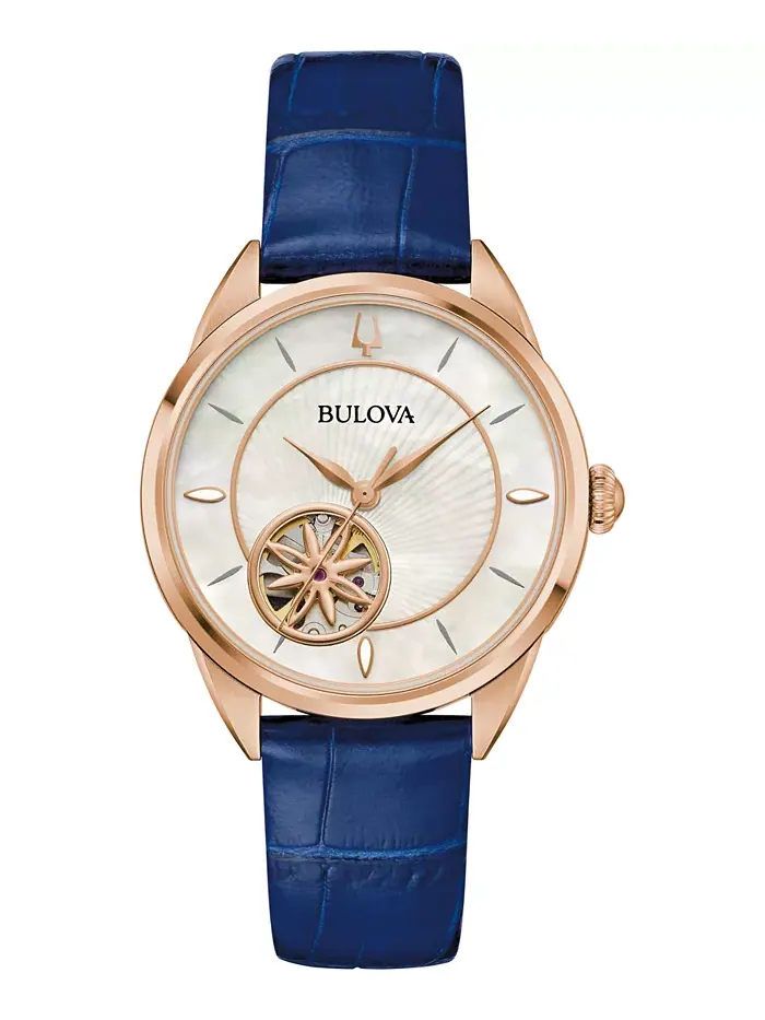 Женские часы Sutton Automatic с синим кожаным ремешком, 34.5 мм Bulova — изображение 1 из 3