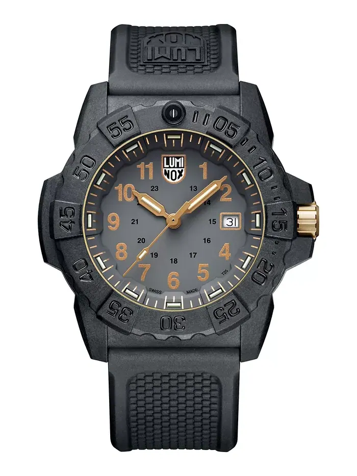 Мужские часы Swiss Navy Seal Military Dive с золотисто-черным резиновым ремешком, 45 мм Luminox
