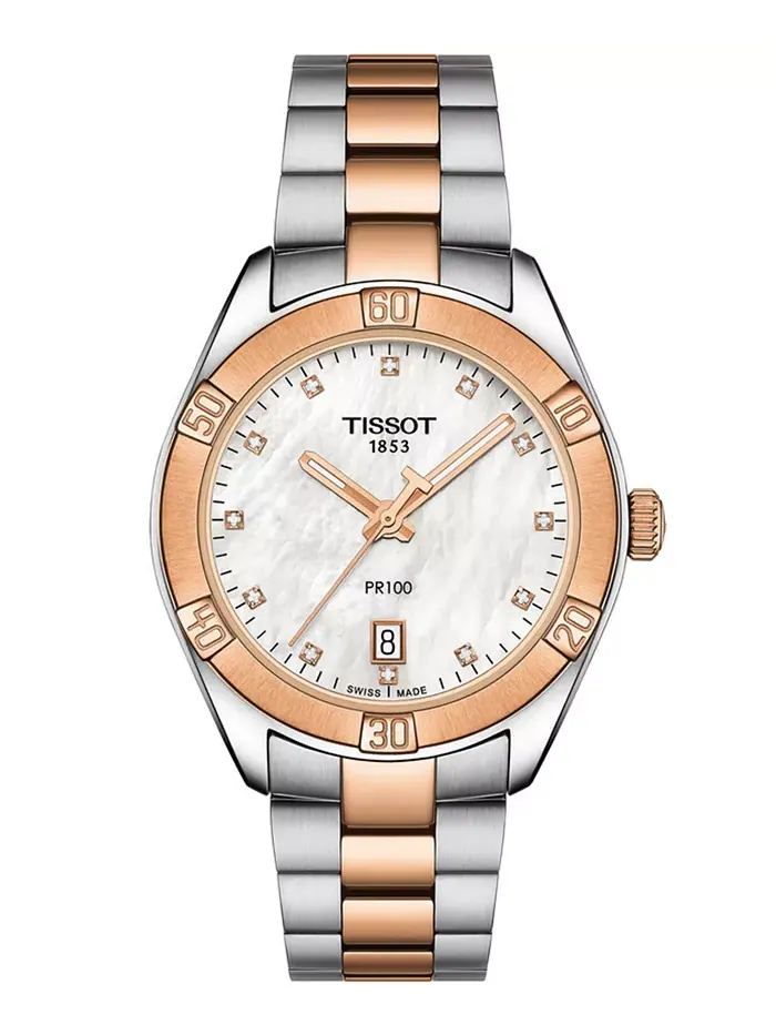 Женские часы Swiss PR 100 Sport Chic T-Classic с бриллиантовыми вставками, двухцветный браслет из — изображение 1 из 6