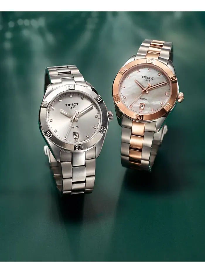 Женские часы Swiss PR 100 Sport Chic T-Classic с бриллиантовыми вставками, двухцветный браслет из — изображение 2 из 6