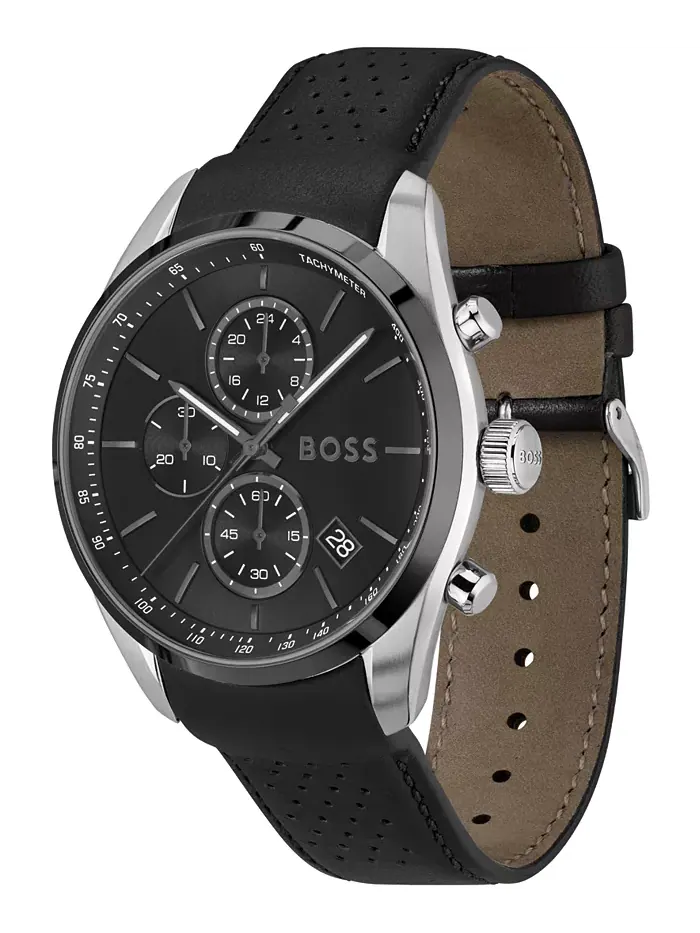Мужские часы Grand Prix 44 Quartz Chronograph с черным кожаным ремешком, 44.50 мм Hugo Boss — изображение 2 из 3