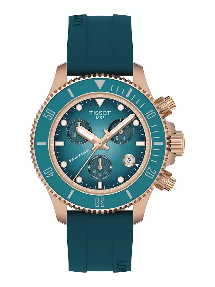 Мужские часы Swiss Chronograph Seastar 1000 с синим резиновым ремешком, 38 мм Tissot — изображение 1 из 5