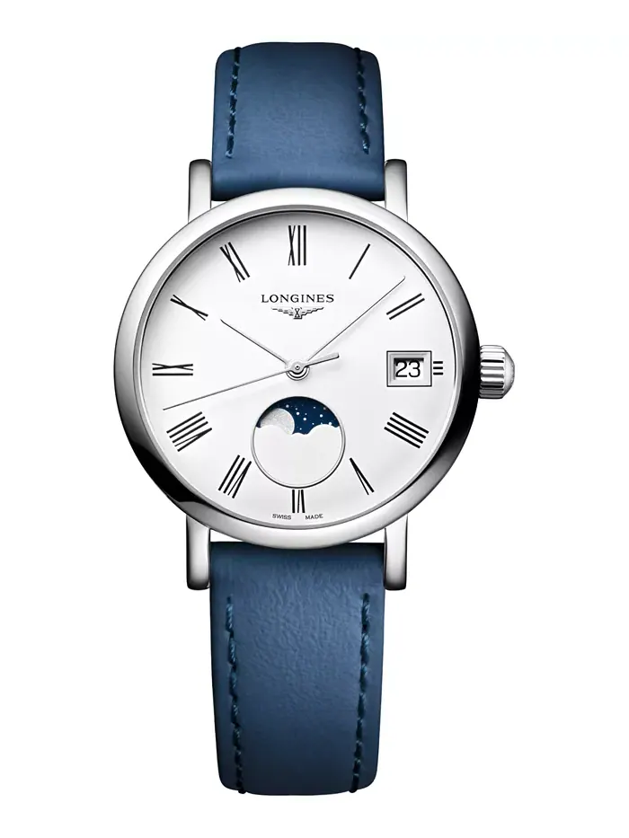 Женские швейцарские элегантные часы Moonphase с синим кожаным ремешком, 30 мм Longines — изображение 1 из 3