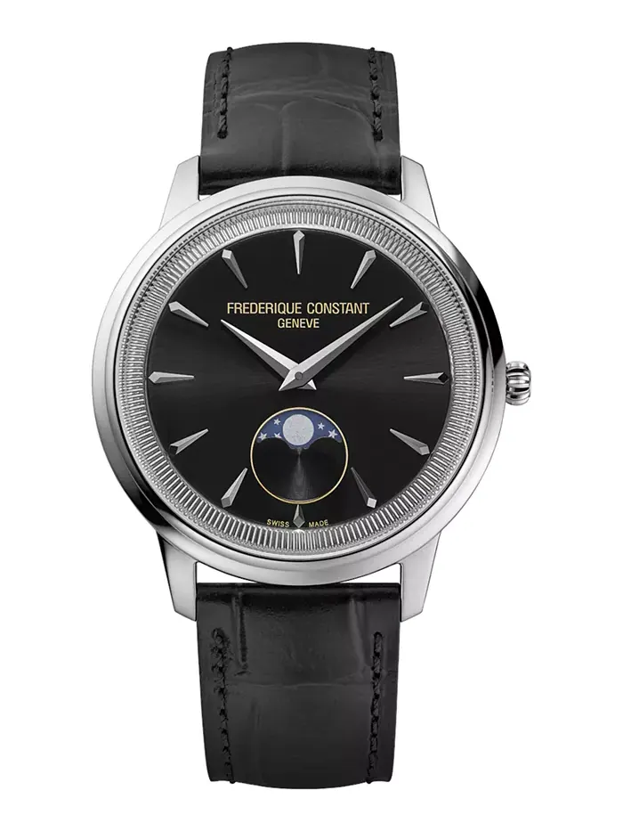 Мужские часы Swiss Moneta Moonphase на черном кожаном ремешке, 37 мм Frederique Constant — изображение 1 из 3