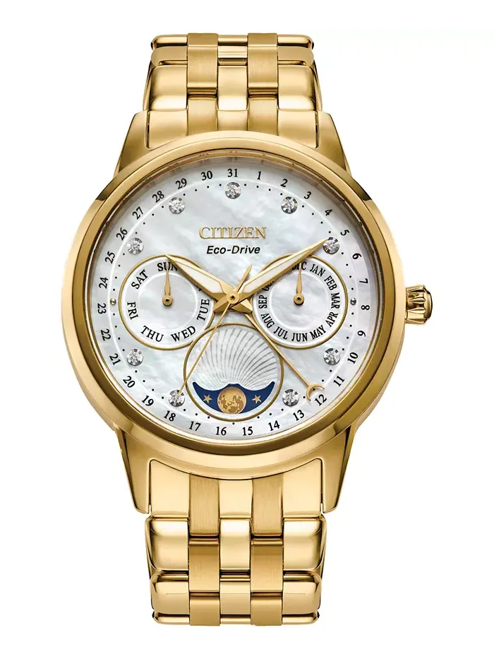 Женские часы Eco-Drive Calendrier с бриллиантовыми вставками на золотистом браслете из нержавеющей