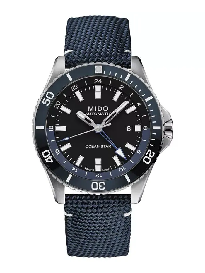 Мужские швейцарские автоматические часы Ocean Star GMT с синим тканевым ремешком, 44 мм Mido — изображение 1 из 4