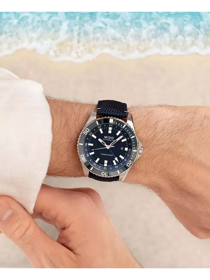 Мужские швейцарские автоматические часы Ocean Star GMT с синим тканевым ремешком, 44 мм Mido — изображение 4 из 4