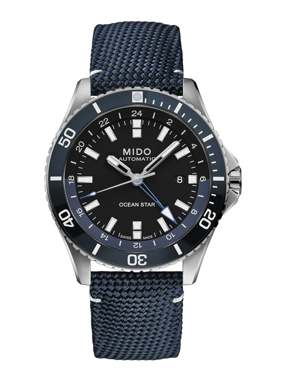 Мужские швейцарские автоматические часы Ocean Star GMT с синим тканевым ремешком, 44 мм Mido — изображение 1 из 4