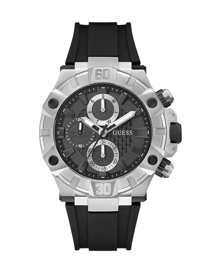 Мужские многофункциональные черные силиконовые часы 46 мм GUESS