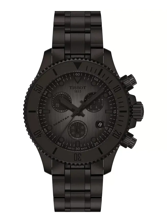 Мужские часы Swiss Chronograph Seastar 1000 с черным покрытием на стальном браслете, 38 мм Tissot — изображение 1 из 5