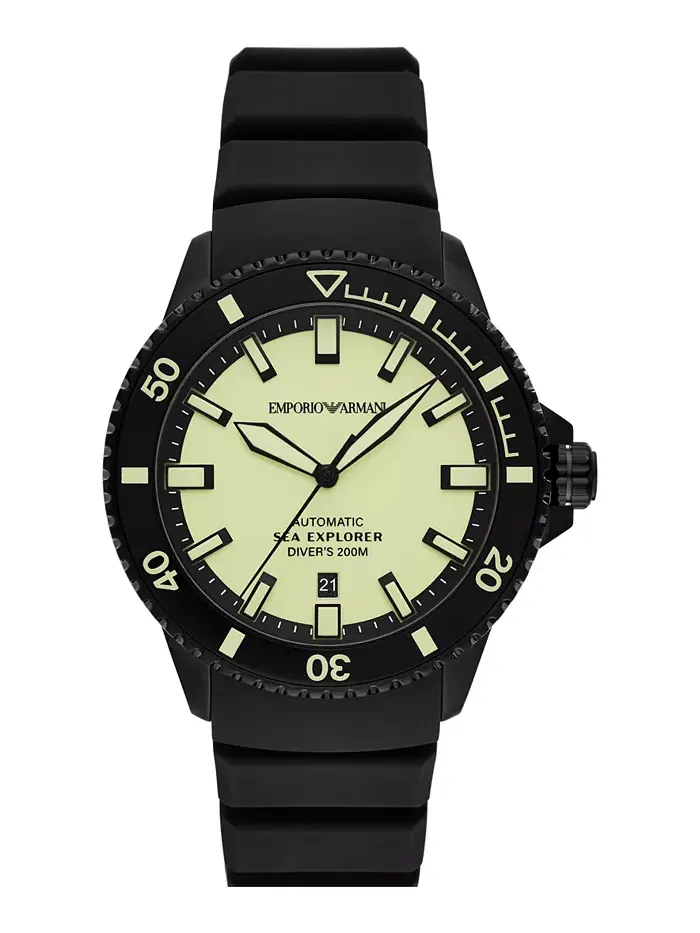 Мужские автоматические часы Sea Explorer с черным силиконовым ремешком, 43 мм Emporio Armani — изображение 1 из 8