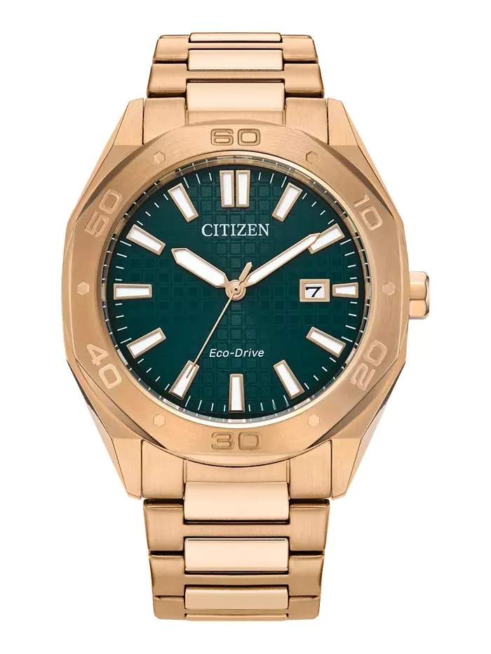 Мужские часы Eco-Drive Weekender Sport с корпусом из нержавеющей стали розового золота и браслетом