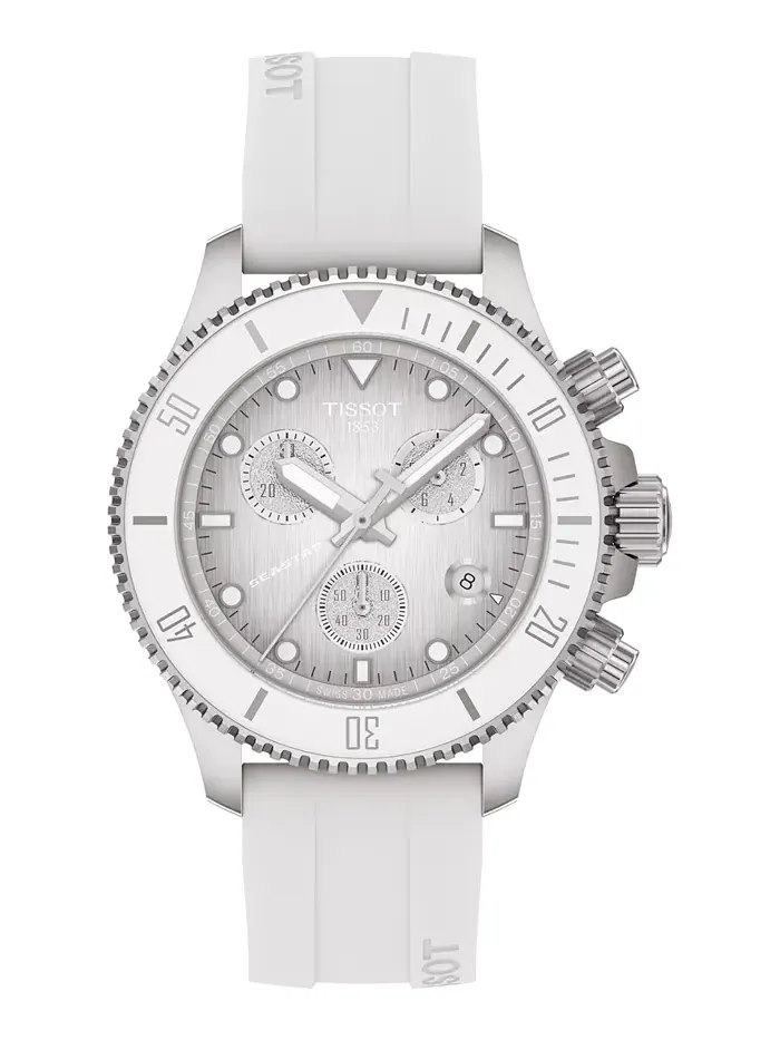 Мужские часы Swiss Chronograph Seastar 1000 с белым резиновым ремешком, 38 мм Tissot — изображение 1 из 5