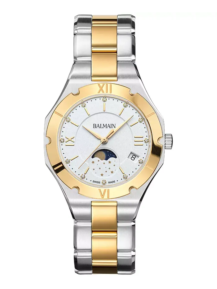 Женские часы-браслет Swiss Be Balmain Moonphase Diamond (1/20 ct. t.w.) из двухцветной нержавеющей
