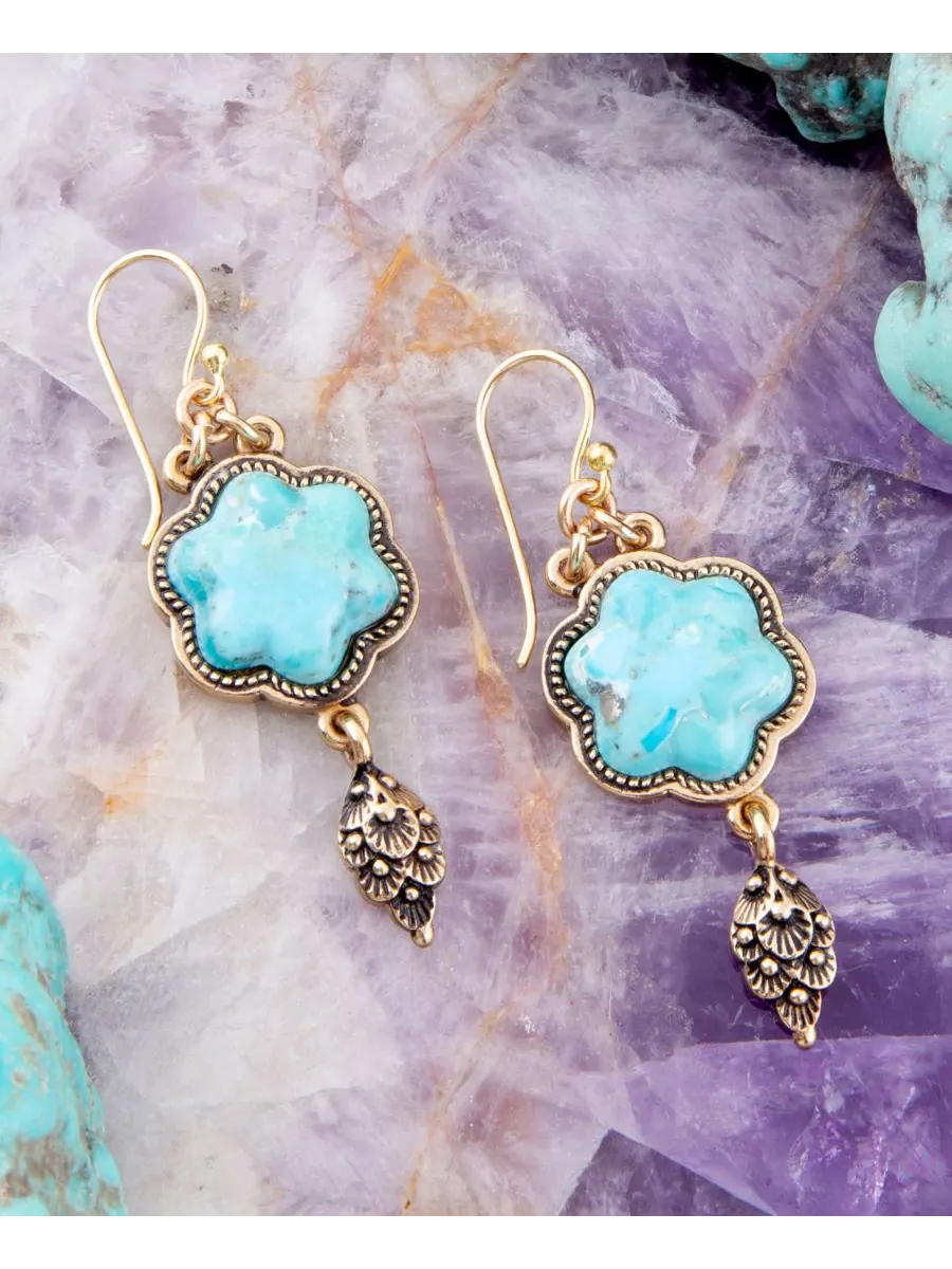 Серьги-капли в виде цветка из натуральной бирюзы и золота Barse, Genuine Turquoise — изображение 2 из 3