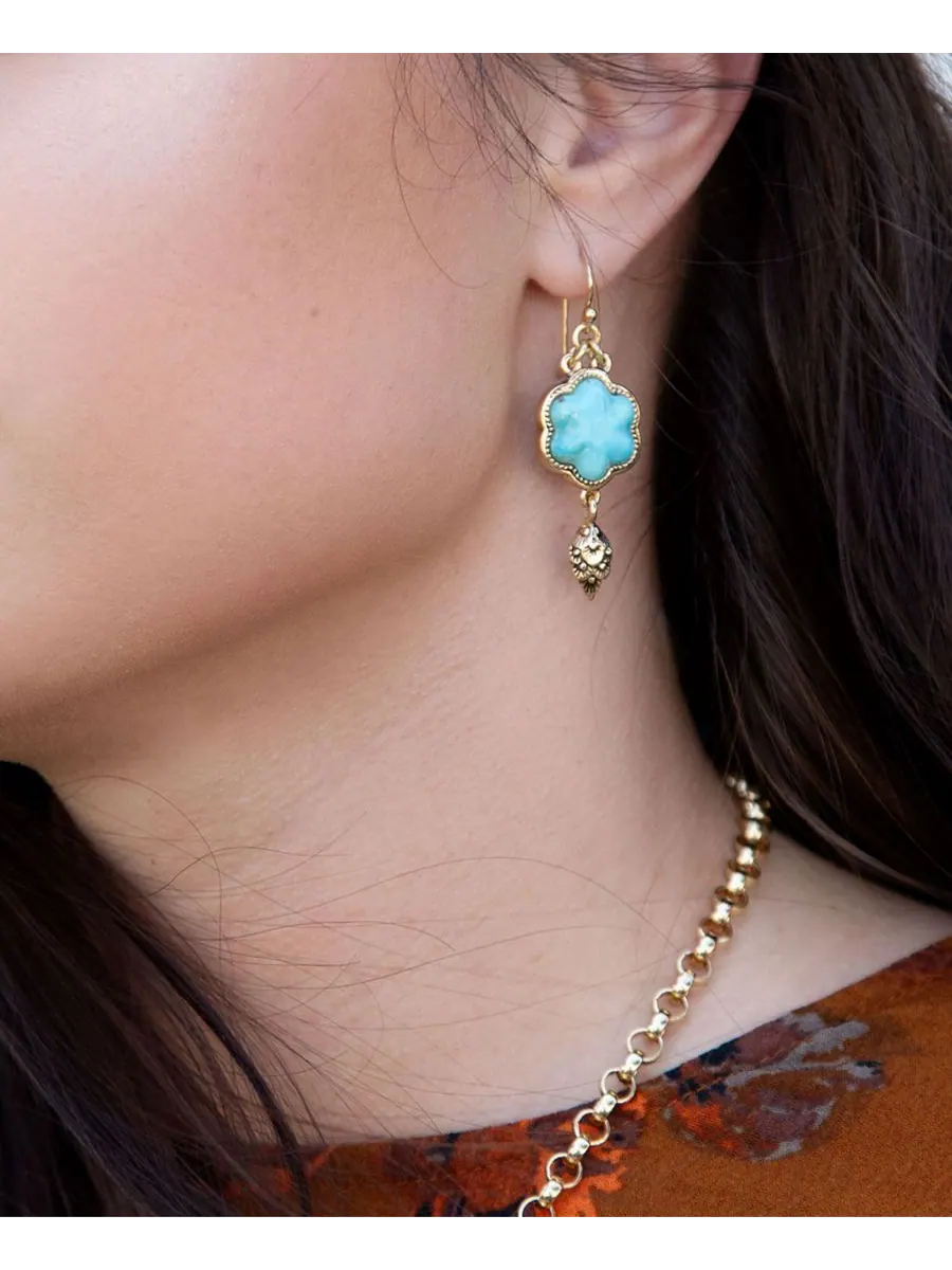 Серьги-капли в виде цветка из натуральной бирюзы и золота Barse, Genuine Turquoise — изображение 3 из 3