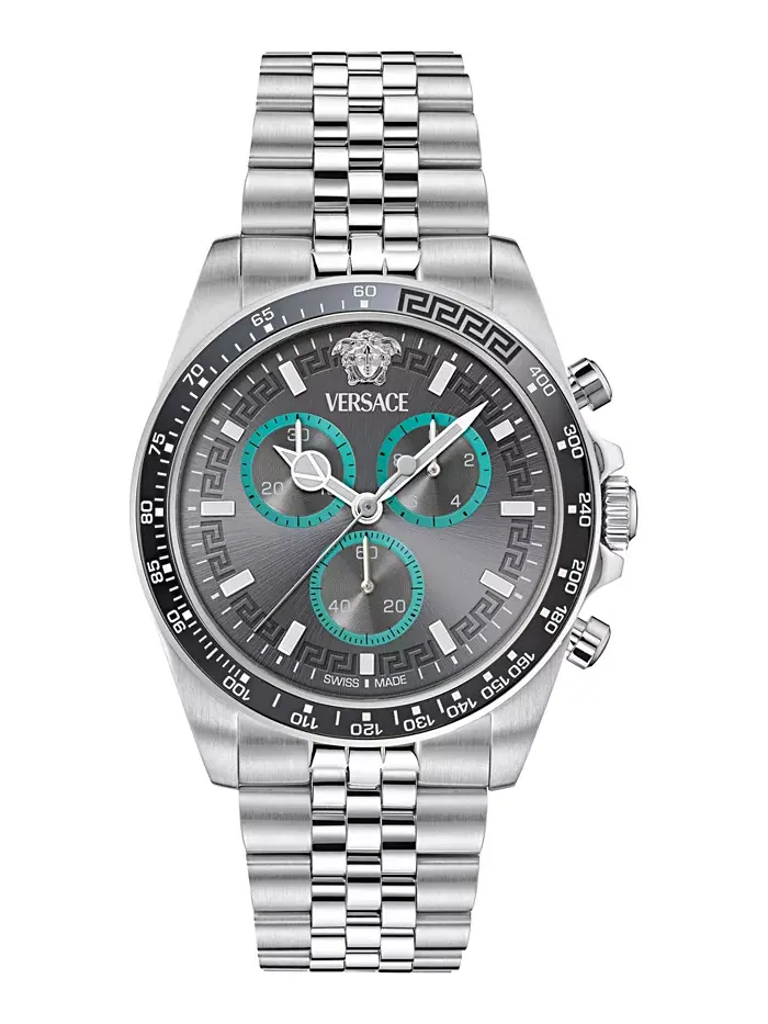 Мужские швейцарские часы с хронографом Greca Wave на стальном браслете, 43 мм Versace — изображение 1 из 5