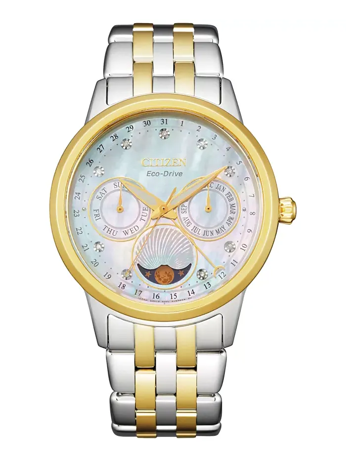 Женские часы Eco-Drive Calendrier с бриллиантовыми вставками, двухцветный браслет из нержавеющей