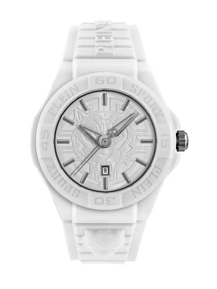 Мужские часы New Fearless 3 Hand Date Quartz с белым силиконовым ремешком, 46 мм Plein Sport