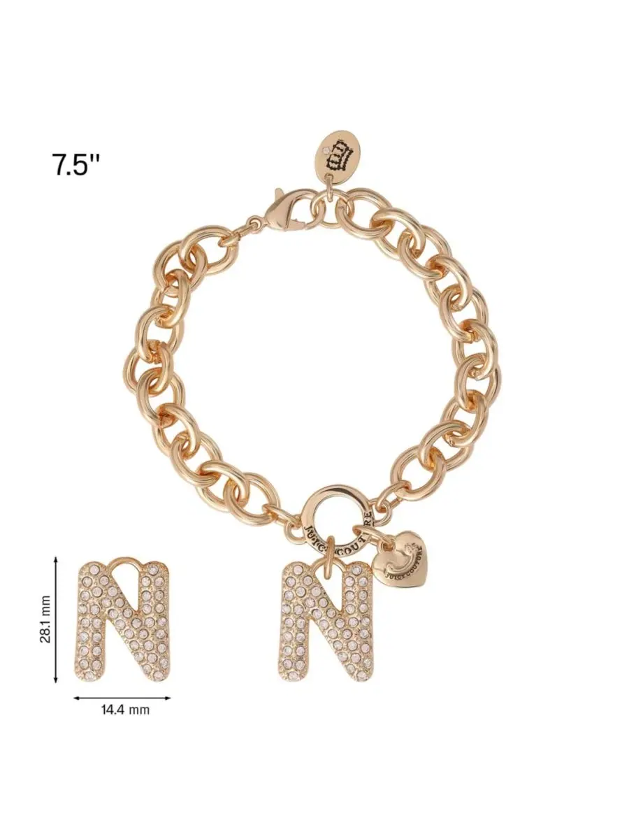 Браслет с подвеской-буквой, 7.5 дюймов, золотистый, Pave Initial Charm Juicy Couture, Letter N — изображение 5 из 7