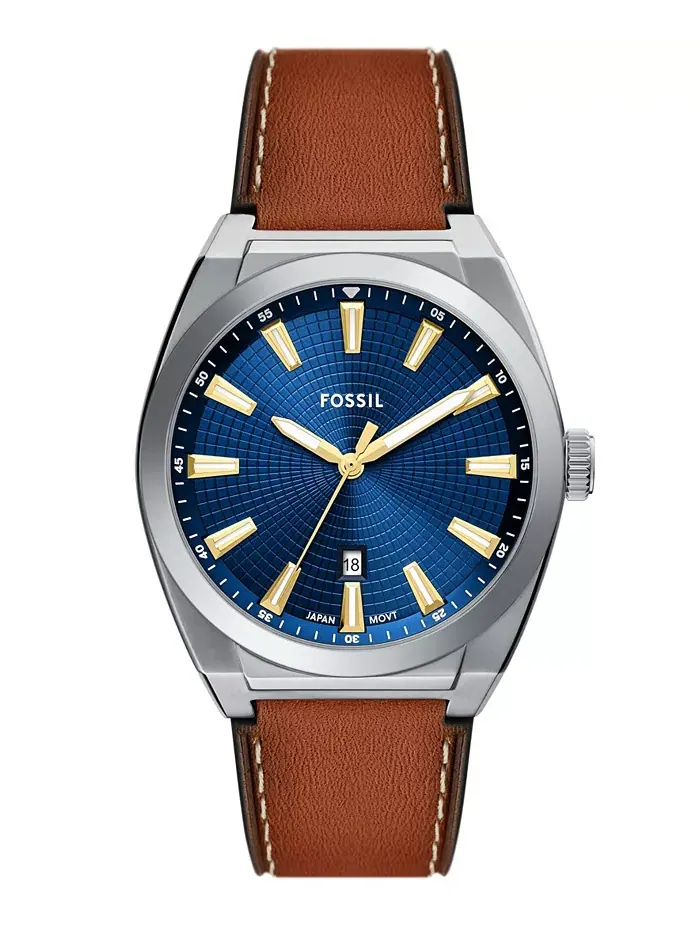 Мужские часы Everett Three-Hand Date с коричневым кожаным ремешком, 42 мм Fossil — изображение 1 из 4