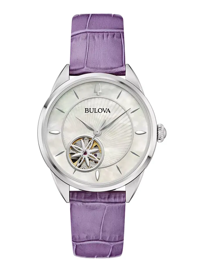 Женские автоматические часы с фиолетовым кожаным ремешком 34.5 мм Bulova